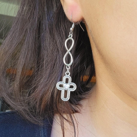 Pair of Silver Cross Infinity Drop Hook Earrings - Picture 4 of 8